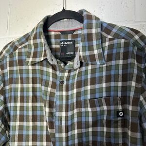 Marmot Mens Flannel Button Up Shirt Long Sleeve Plaid Brown Blue Large L